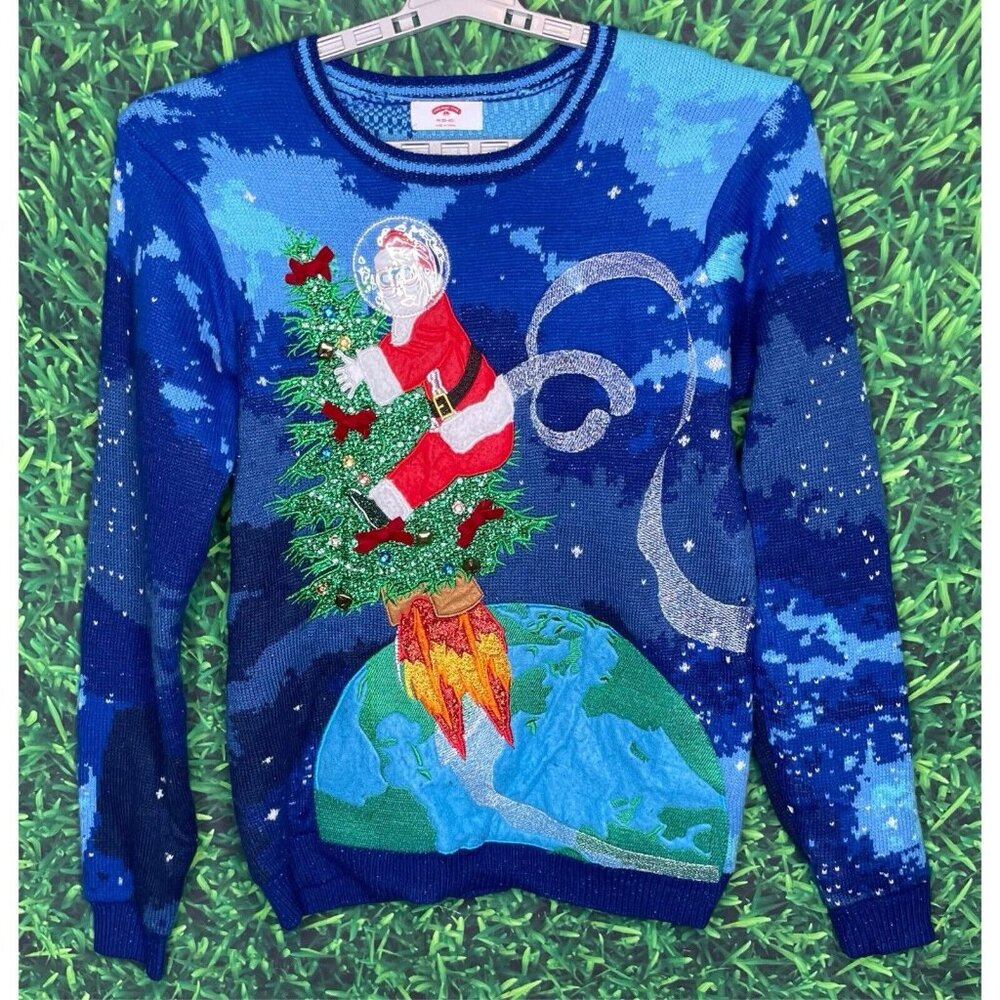 Christmas Sweater Adult Medium 38-40 Blue Santa Rocket Globe Tree Ugly Appliqué